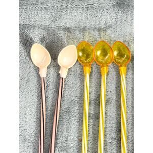 Vintage Swizzle Sticks Set 9 Twisted Spiral Spoon MCM Barware Red Amber plastic